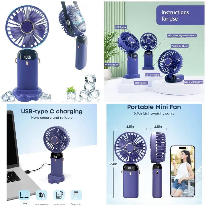 Portable Mini Fan 3000mAh – 5-Speed Foldable Fan with Display & Phone Stand