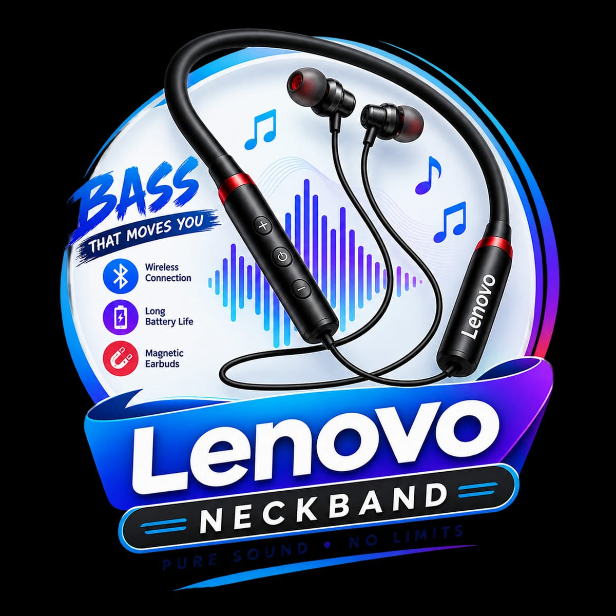 Lenovo HE05 Bluetooth 5.0 Wireless Neckband – Heavy Bass Stereo Earphones with Noise Reduction